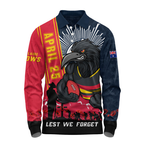 Adelaide Crows Long Sleeve Polo Shirt Anzac Day Lest We Forget Memorial