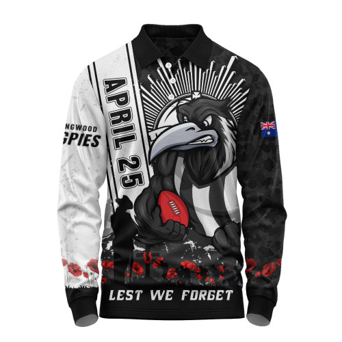 Collingwood Long Sleeve Polo Shirt Anzac Day Lest We Forget Memorial