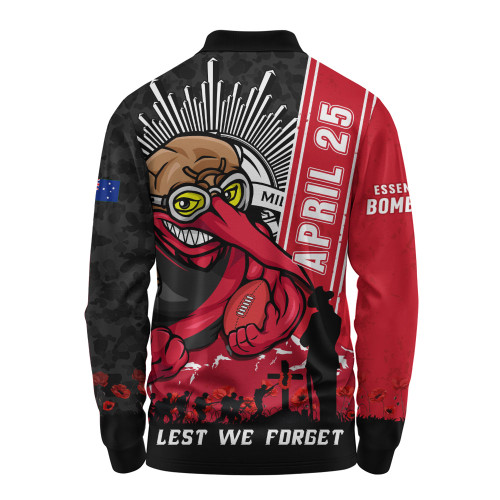 Essendon Long Sleeve Polo Shirt Anzac Day Lest We Forget Memorial