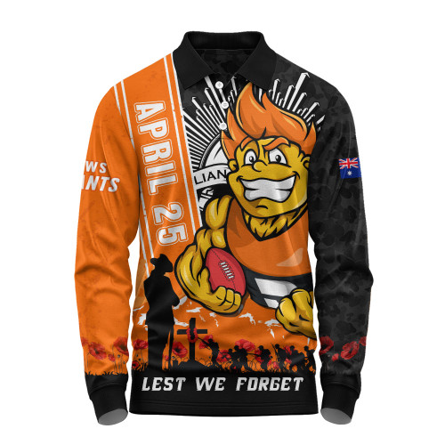 GWS GIANTS Long Sleeve Polo Shirt Anzac Day Lest We Forget Memorial