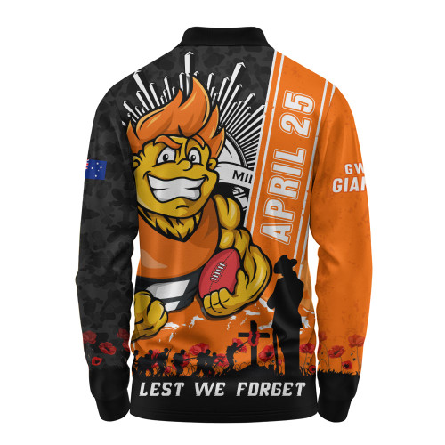GWS GIANTS Long Sleeve Polo Shirt Anzac Day Lest We Forget Memorial