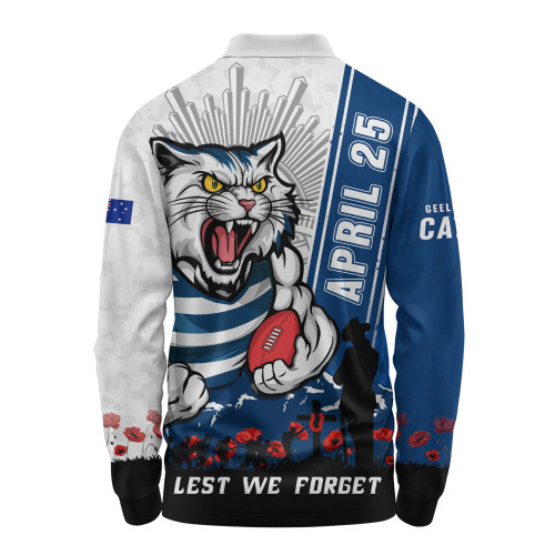 Geelong Cats Long Sleeve Polo Shirt Anzac Day Lest We Forget Memorial