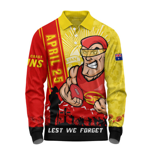 Gold Coast SUNS Long Sleeve Polo Shirt Anzac Day Lest We Forget Memorial