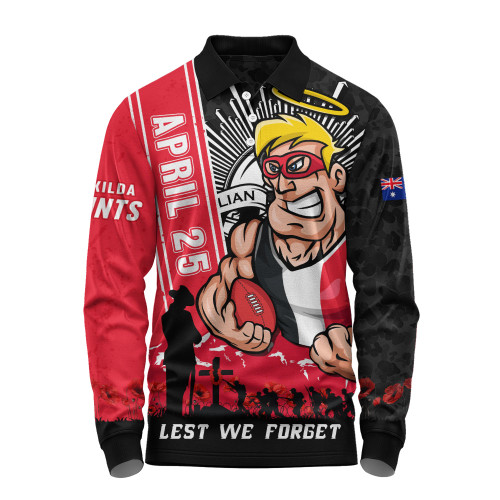 St Kilda Long Sleeve Polo Shirt Anzac Day Lest We Forget Memorial