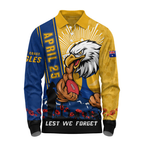 West Coast Eagles Long Sleeve Polo Shirt Anzac Day Lest We Forget Memorial