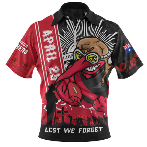 Essendon Zip Polo Shirt Anzac Day Lest We Forget Memorial