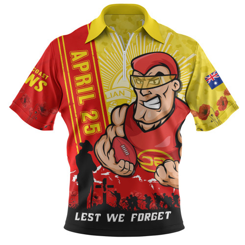 Gold Coast SUNS Zip Polo Shirt Anzac Day Lest We Forget Memorial