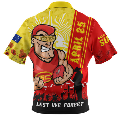 Gold Coast SUNS Zip Polo Shirt Anzac Day Lest We Forget Memorial