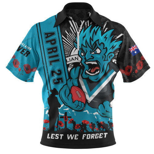 Port Adelaide Zip Polo Shirt Anzac Day Lest We Forget Memorial