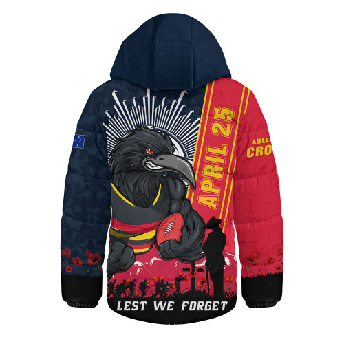 Adelaide Crows Hooded Padded Jacket Anzac Day Lest We Forget Memorial