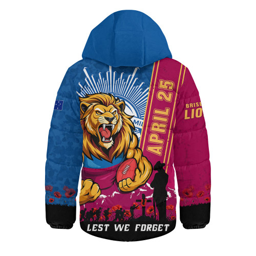 Brisbane Lions Hooded Padded Jacket Anzac Day Lest We Forget Memorial