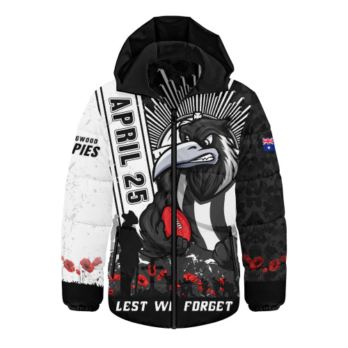 Collingwood Hooded Padded Jacket Anzac Day Lest We Forget Memorial