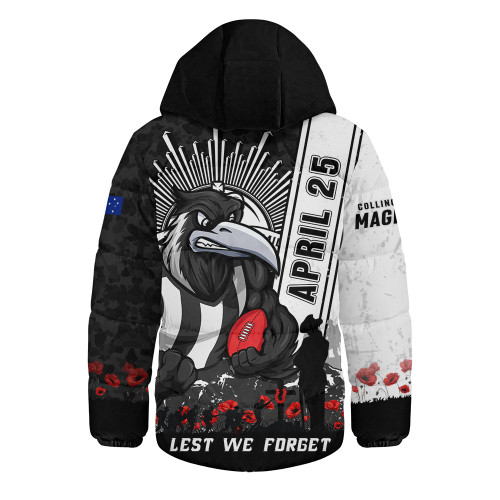Collingwood Hooded Padded Jacket Anzac Day Lest We Forget Memorial