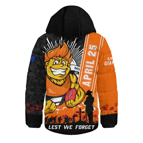 GWS GIANTS Hooded Padded Jacket Anzac Day Lest We Forget Memorial