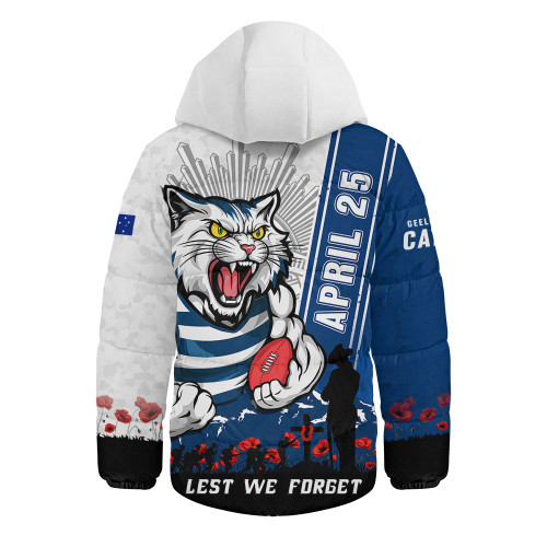 Geelong Cats Hooded Padded Jacket Anzac Day Lest We Forget Memorial