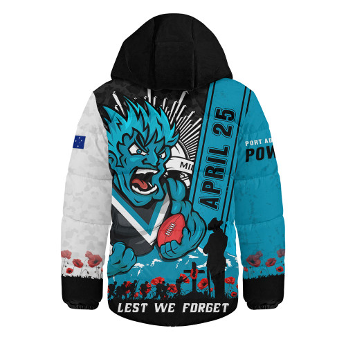 Port Adelaide Hooded Padded Jacket Anzac Day Lest We Forget Memorial