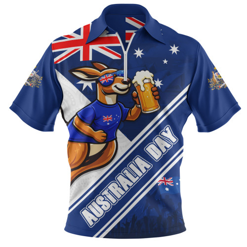 Australia Zip Polo Shirt Australia Day Kangaroo Beer Spirit Of Celebration