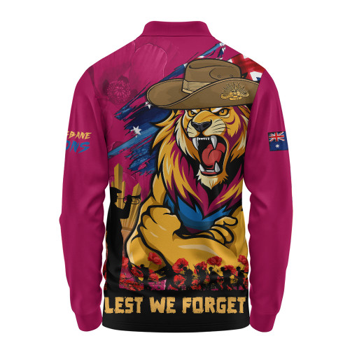 Brisbane Lions Long Sleeve Polo Shirt ANZAC Inspired Football Fan Memorial Design