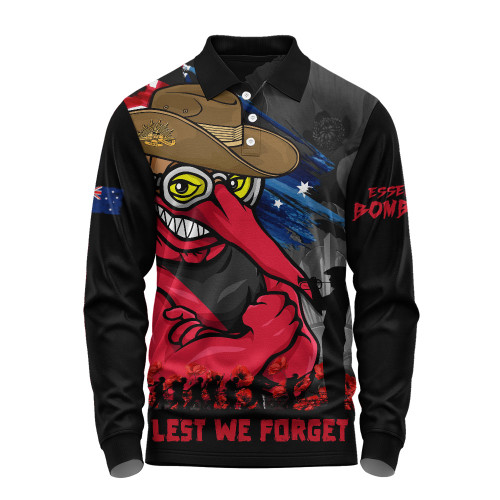 Essendon Long Sleeve Polo Shirt ANZAC Inspired Football Fan Memorial Design
