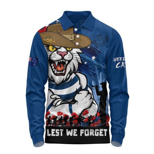 Geelong Cats Long Sleeve Polo Shirt ANZAC Inspired Football Fan Memorial Design