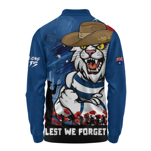 Geelong Cats Long Sleeve Polo Shirt ANZAC Inspired Football Fan Memorial Design