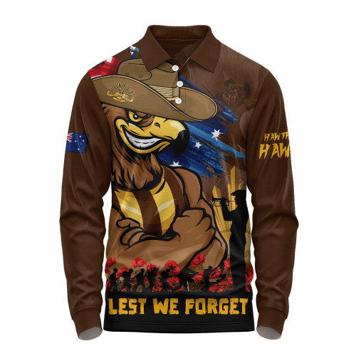 Hawthorn Long Sleeve Polo Shirt ANZAC Inspired Football Fan Memorial Design