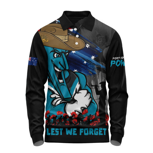 Port Adelaide Long Sleeve Polo Shirt ANZAC Inspired Football Fan Memorial Design