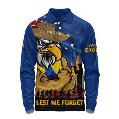 West Coast Eagles Long Sleeve Polo Shirt ANZAC Inspired Football Fan Memorial Design