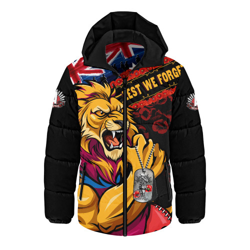 Brisbane Lions Hooded Padded Jacket Lest We Forget Eternal Honor