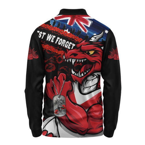 St. George Illawarra Dragons Long Sleeve Polo Shirt Anzac Remembrance Of The Fallen