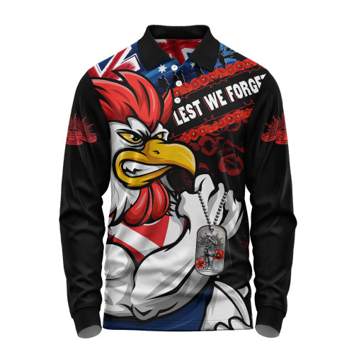 Sydney Roosters Long Sleeve Polo Shirt Anzac Remembrance Of The Fallen