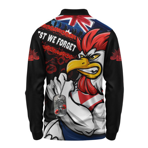 Sydney Roosters Long Sleeve Polo Shirt Anzac Remembrance Of The Fallen