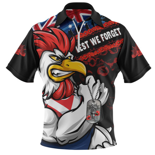 Sydney Roosters Zip Polo Shirt Anzac Remembrance Of The Fallen