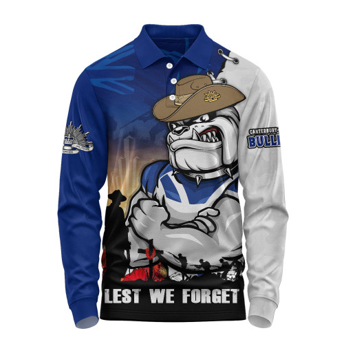 Canterbury-Bankstown Bulldogs Long Sleeve Polo Shirt Anzac Day Lest We Forget Silent Dawn
