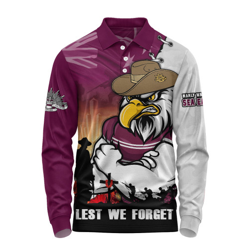 Manly Warringah Sea Eagles Long Sleeve Polo Shirt Anzac Day Lest We Forget Silent Dawn