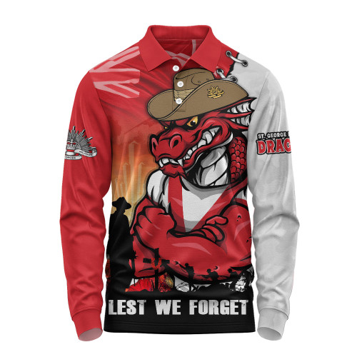 St. George Illawarra Dragons Long Sleeve Polo Shirt Anzac Day Lest We Forget Silent Dawn