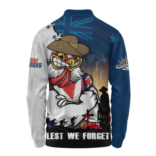 Sydney Roosters Long Sleeve Polo Shirt Anzac Day Lest We Forget Silent Dawn