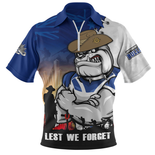 Canterbury-Bankstown Bulldogs Zip Polo Shirt Anzac Day Lest We Forget Silent Dawn