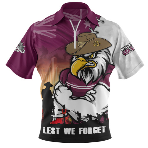 Manly Warringah Sea Eagles Zip Polo Shirt Anzac Day Lest We Forget Silent Dawn