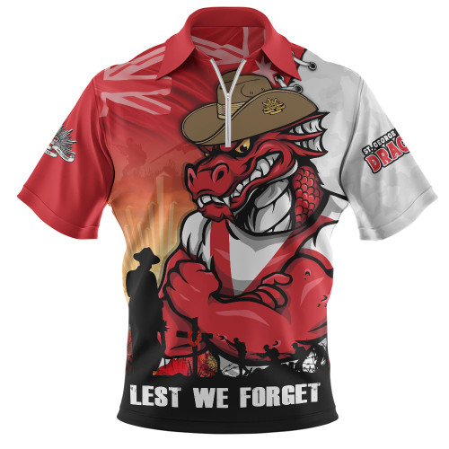 St. George Illawarra Dragons Zip Polo Shirt Anzac Day Lest We Forget Silent Dawn