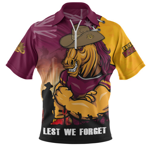 Brisbane Broncos Zip Polo Shirt Anzac Day Lest We Forget Silent Dawn