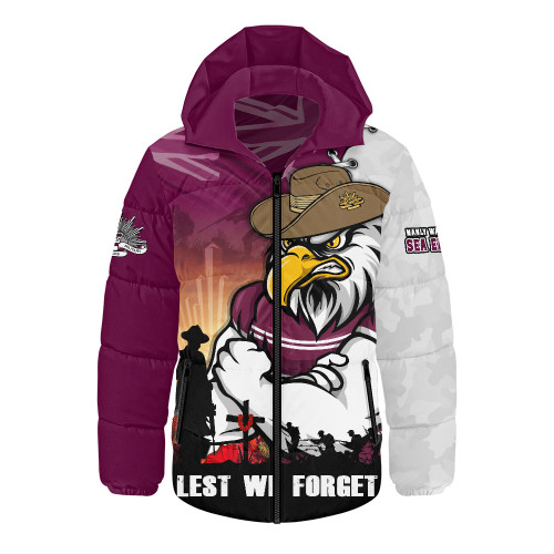 Manly Warringah Sea Eagles Hooded Padded Jacket Anzac Day Lest We Forget Silent Dawn