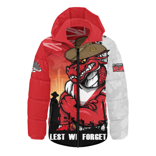 St. George Illawarra Dragons Hooded Padded Jacket Anzac Day Lest We Forget Silent Dawn