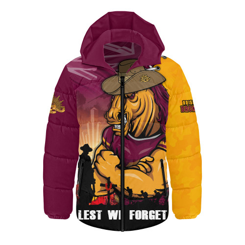 Brisbane Broncos Hooded Padded Jacket Anzac Day Lest We Forget Silent Dawn