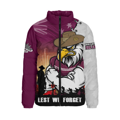 Manly Warringah Sea Eagles Padded Jacket Anzac Day Lest We Forget Silent Dawn