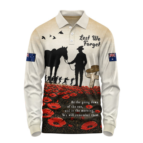 Australia Long Sleeve Polo Shirt Lest We Forget Light Horse Dawn Field