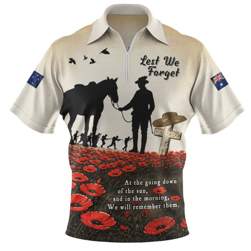 Australia Zip Polo Shirt Lest We Forget Light Horse Dawn Field