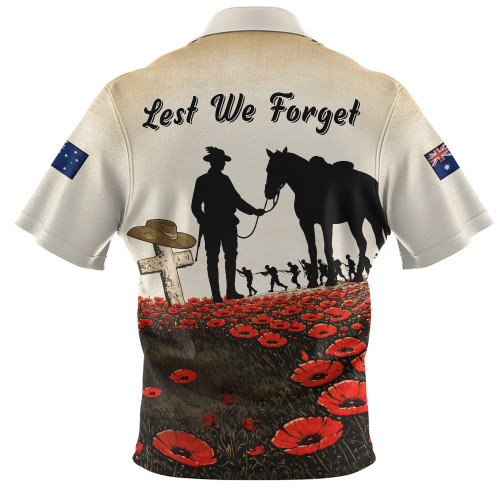 Australia Zip Polo Shirt Lest We Forget Light Horse Dawn Field