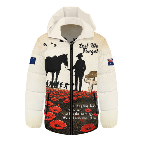 Australia Hooded Padded Jacket Lest We Forget Light Horse Dawn Field