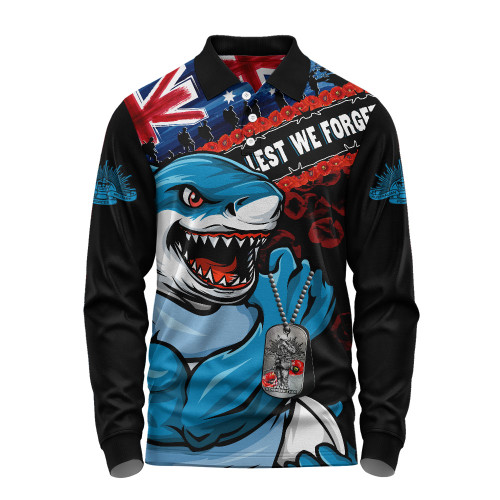 Cronulla-Sutherland Sharks Long Sleeve Polo Shirt Anzac Remembrance Of The Fallen